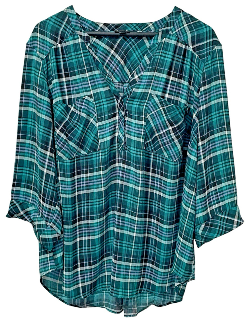 Torrid Harper Sz 3 Green Plaid Pullover Blouse Rolled Tab 3/4 Sleeve V Neck Top